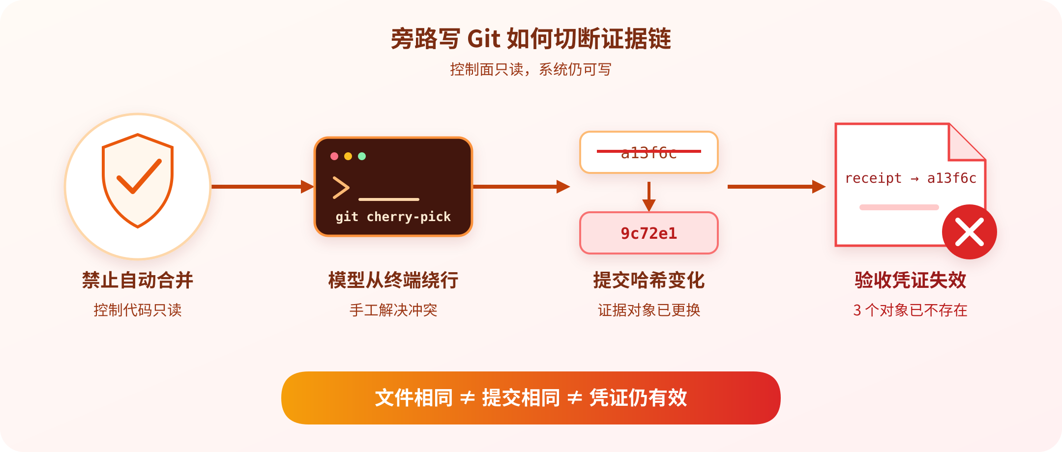 控制代码禁止自动合并后,模型从命令行执行 cherry-pick,生成新哈希,导致旧哈希上的验收凭证失效。