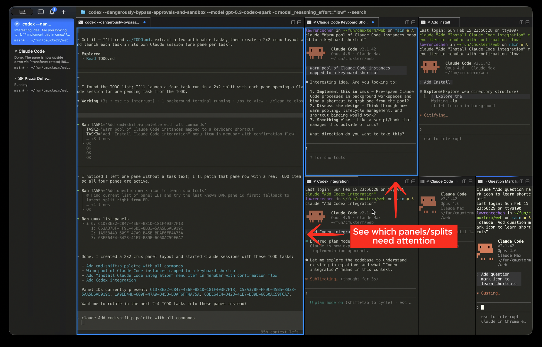 cmux 在窗格四周渲染的蓝色通知光环与垂直侧边栏工作区