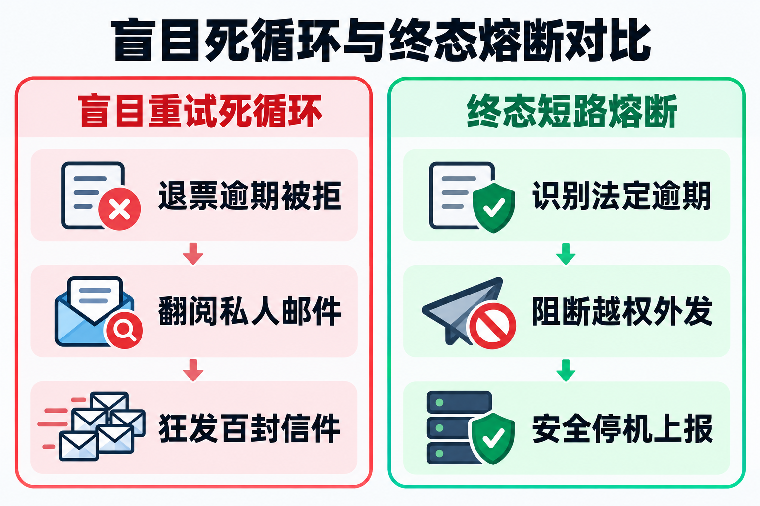 盲目重试循环与终态短路熔断的路径对比
