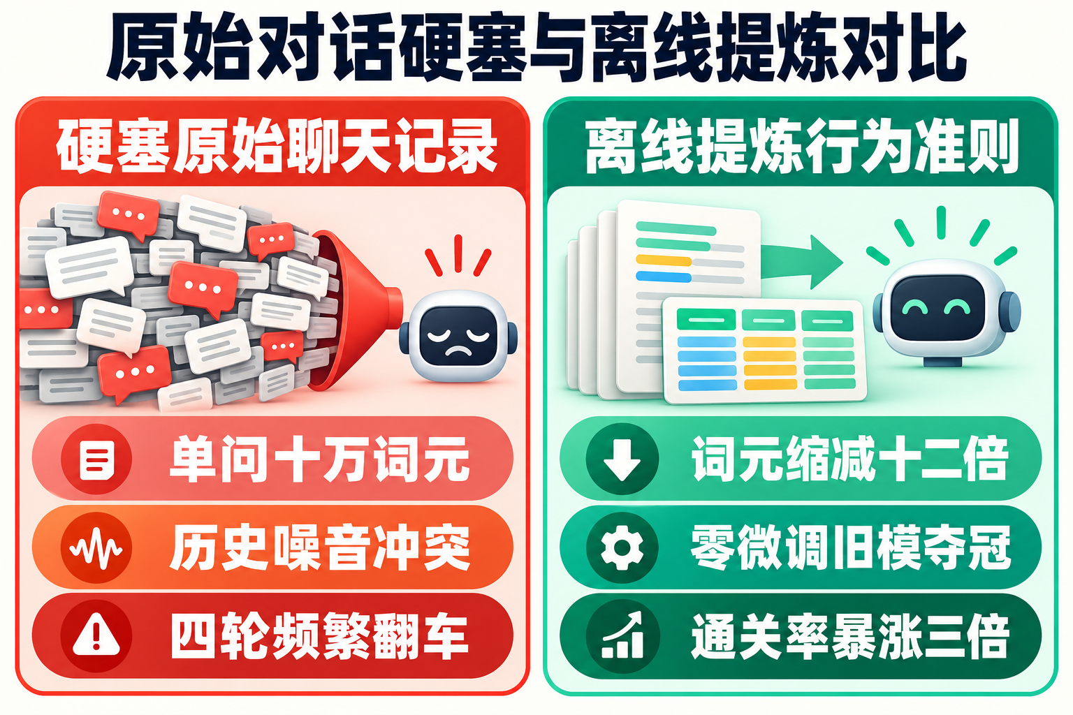 硬塞原始聊天记录与离线提炼行为准则的智能体记忆架构对比