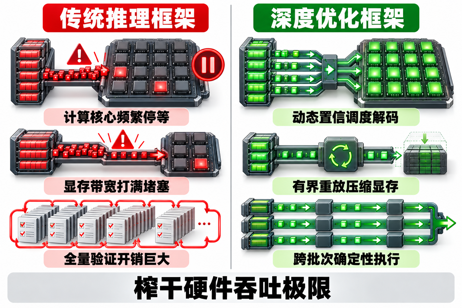 传统推理引擎与深度推理优化架构的计算与显存流动对比